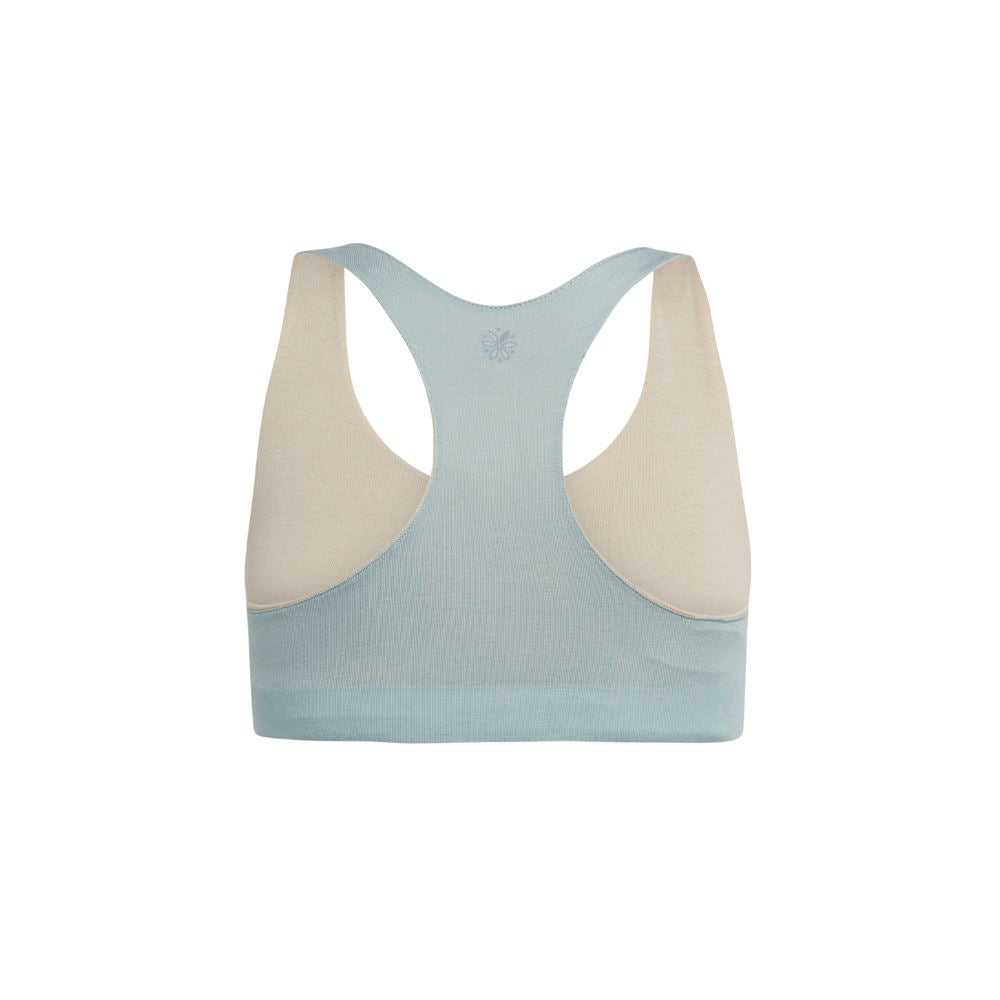 Sand-Mist#Organic Bras & Bralettes For Girls, Tweens and Teens - Back view of a light blue racerback bra with beige accents.
