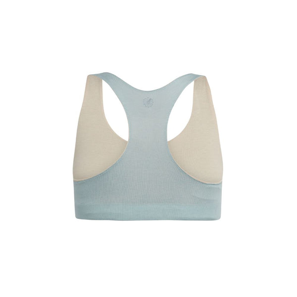 Organic Bras & Bralettes For Girls, Tweens and Teens - Back view of a light blue racerback bra with beige accents.