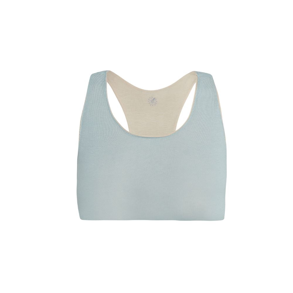 Sand-Mist#Organic Bras & Bralettes For Girls, Tweens and Teens - Front view of a light blue racerback bra with beige accents.