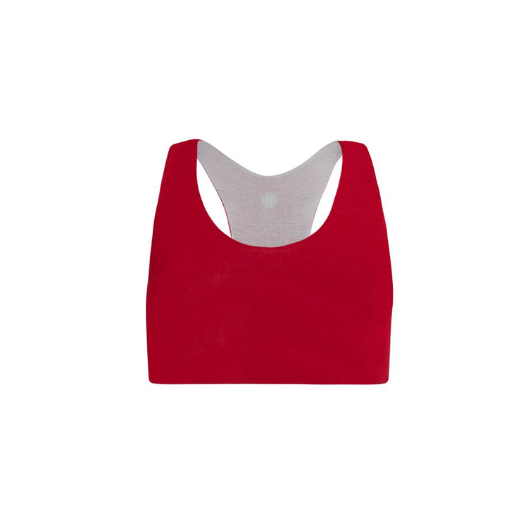 Chili-Sleet#Organic Bras & Bralettes For Girls, Tweens and Teens - Front view of a red racerback bra with gray accents.
