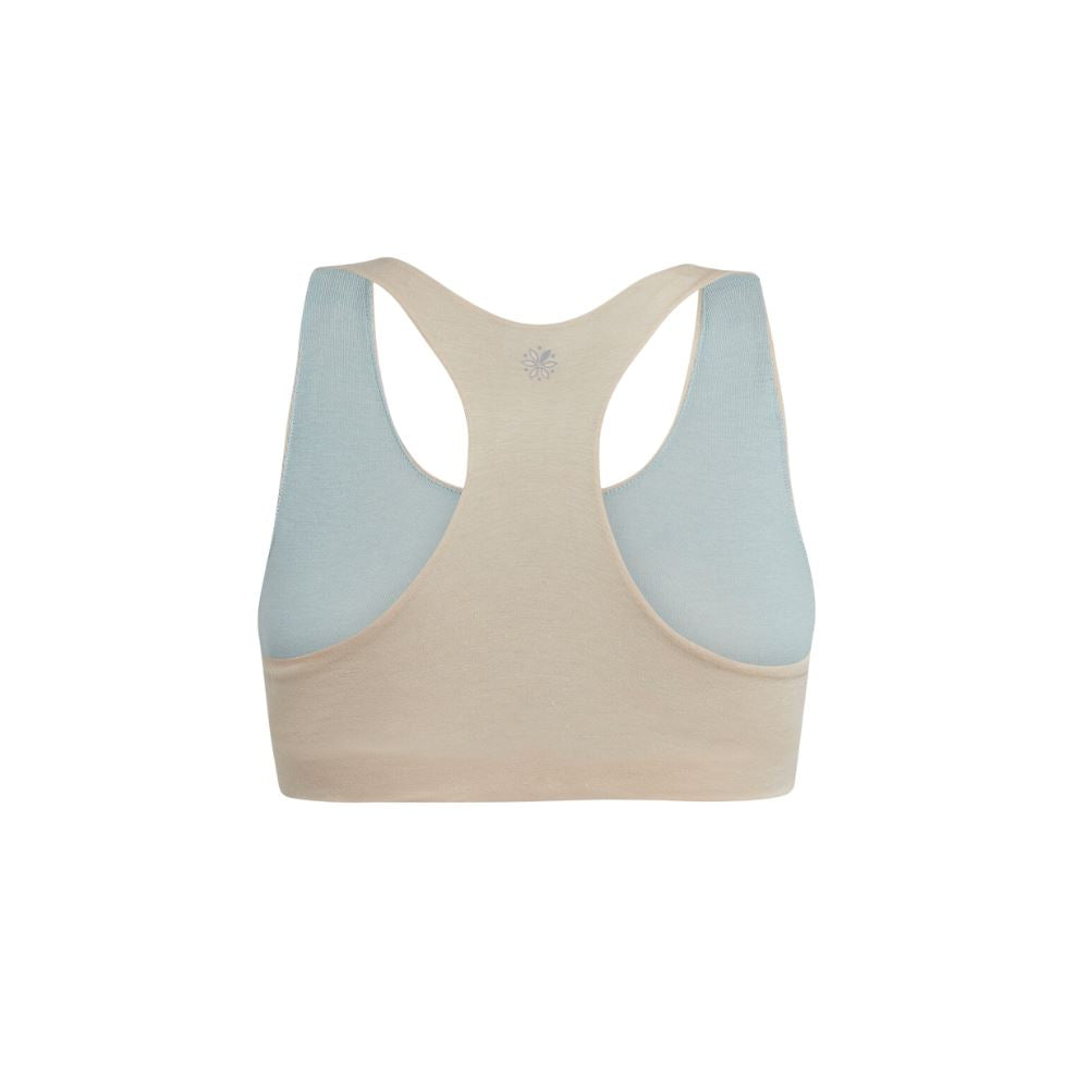 Sand-Mist#Organic Bras & Bralettes For Girls, Tweens and Teens - Back view of a beige racerback bra with light blue accents.