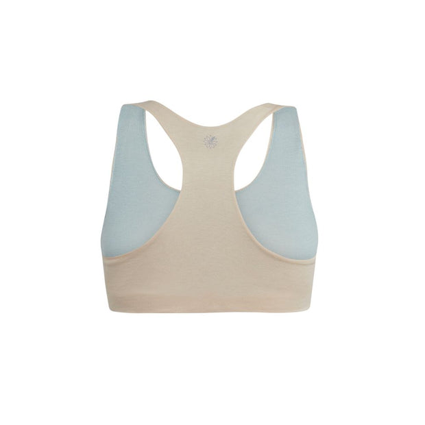 Sand-Mist#Organic Bras & Bralettes For Girls, Tweens and Teens - Back view of a beige racerback bra with light blue accents.