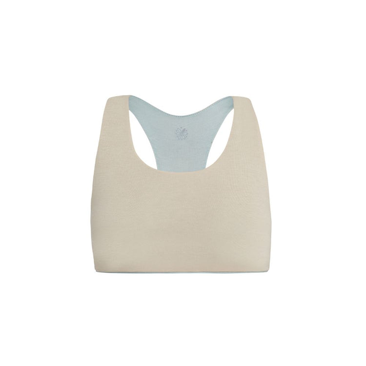 Sand-Mist#Organic Bras & Bralettes For Girls, Tweens and Teens - Front view of a beige racerback bra with light blue accents.