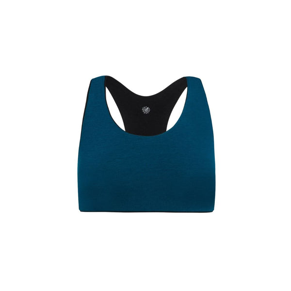 Front view of a blue racerback bra with black accents.