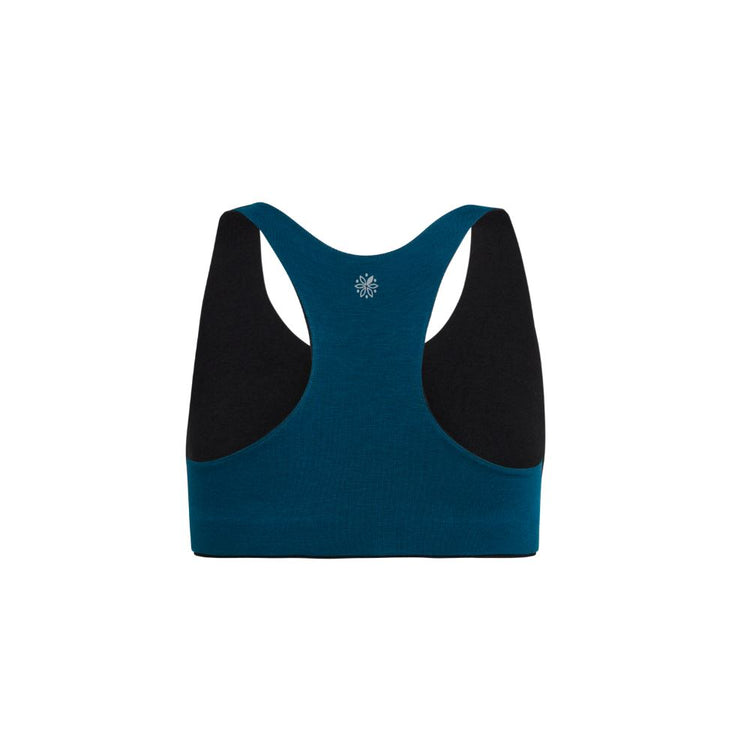 Black-Teal#Back view of a blue racerback bra with a small white emblem in the center.