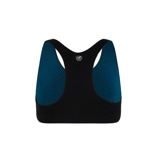 Aster Racerback Bundle#Back view of a black Aster Organic Racerback Bra with blue interior lining.