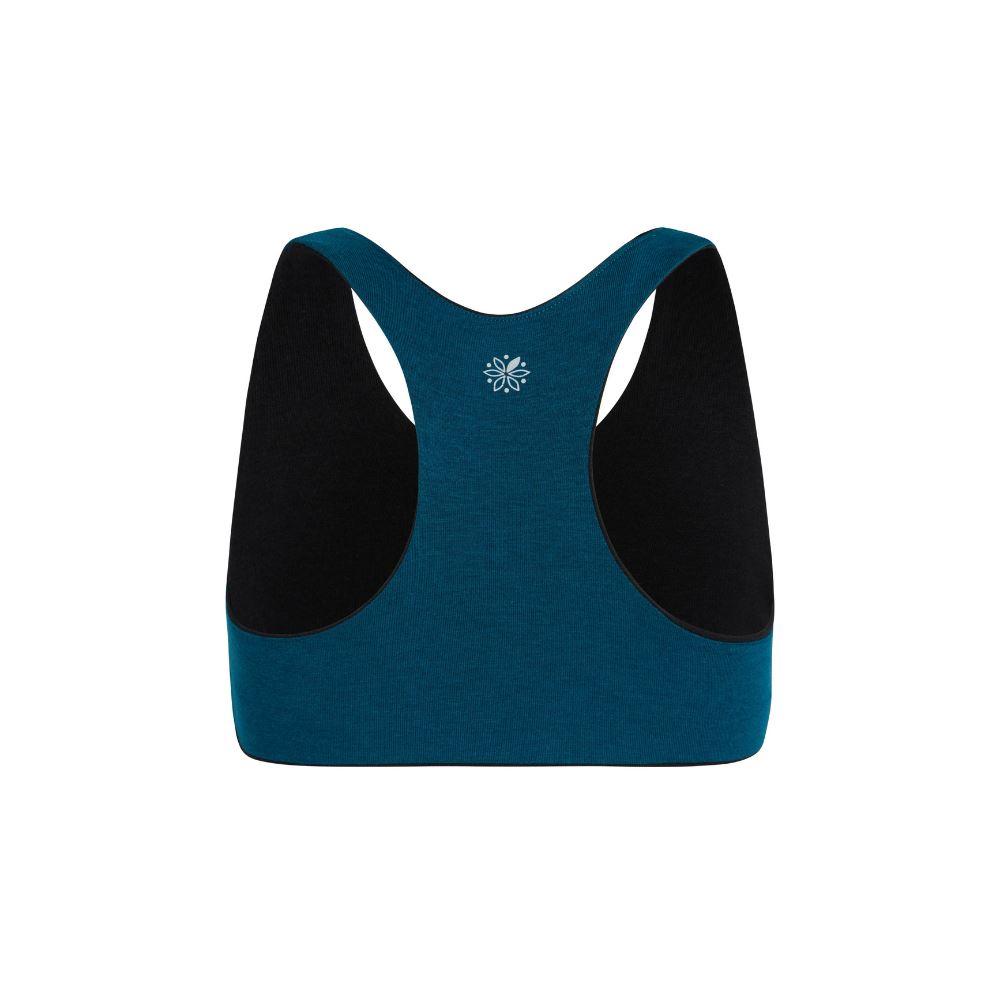 Aster Racerback Bundle#Back view of a blue Aster Organic Racerback Bra with black interior lining.