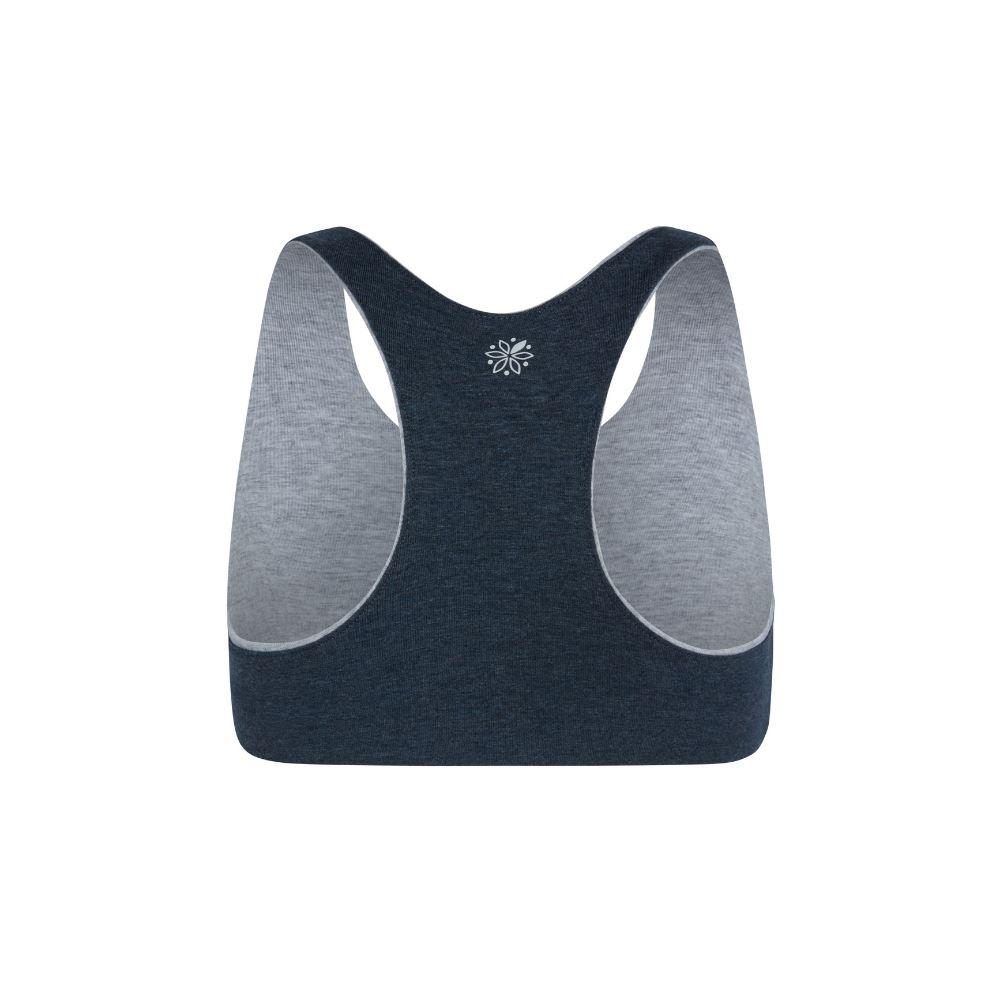Aster Racerback Bundle#Back view of a navy Aster Organic Racerback Bra with gray interior lining.