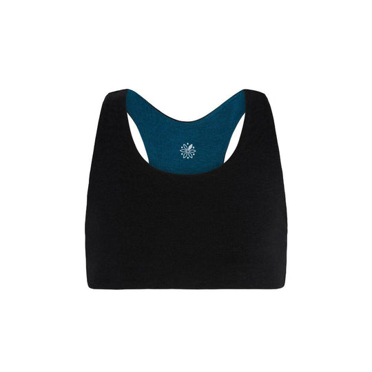 Aster Racerback Bundle#Front view of a black Aster Organic Racerback Bra with blue interior lining.