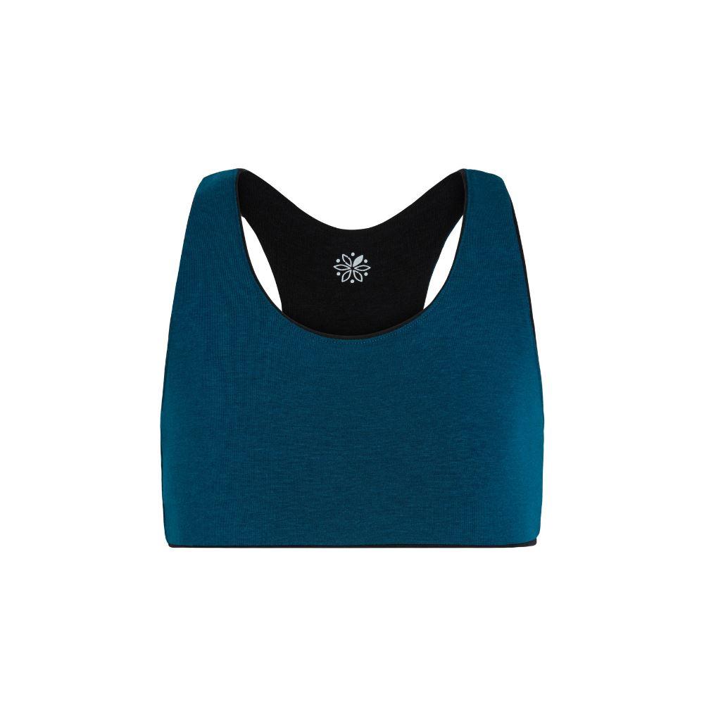 Aster Racerback Bundle#Front view of a blue Aster Organic Racerback Bra with black interior lining.