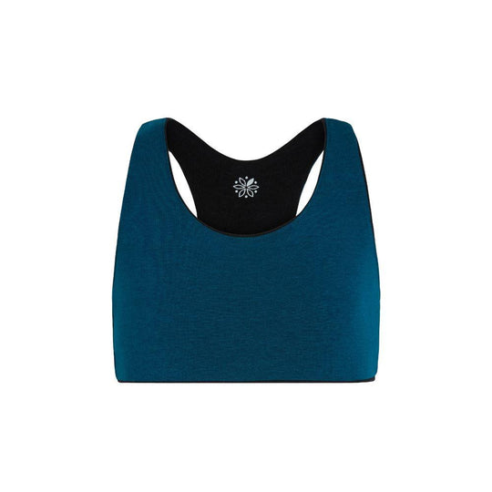 Aster Racerback Bundle#Front view of a blue Aster Organic Racerback Bra with black interior lining.