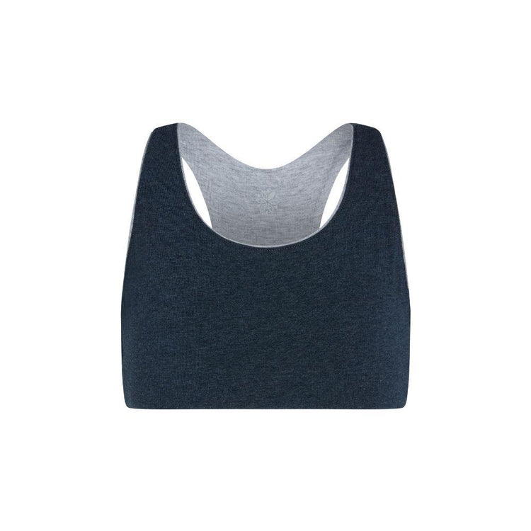 Aster Racerback Bundle#Front view of a navy Aster Organic Racerback Bra with gray interior lining.