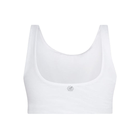Aster Bra Bundle#White bra with a logo on the back displayed on a white background.