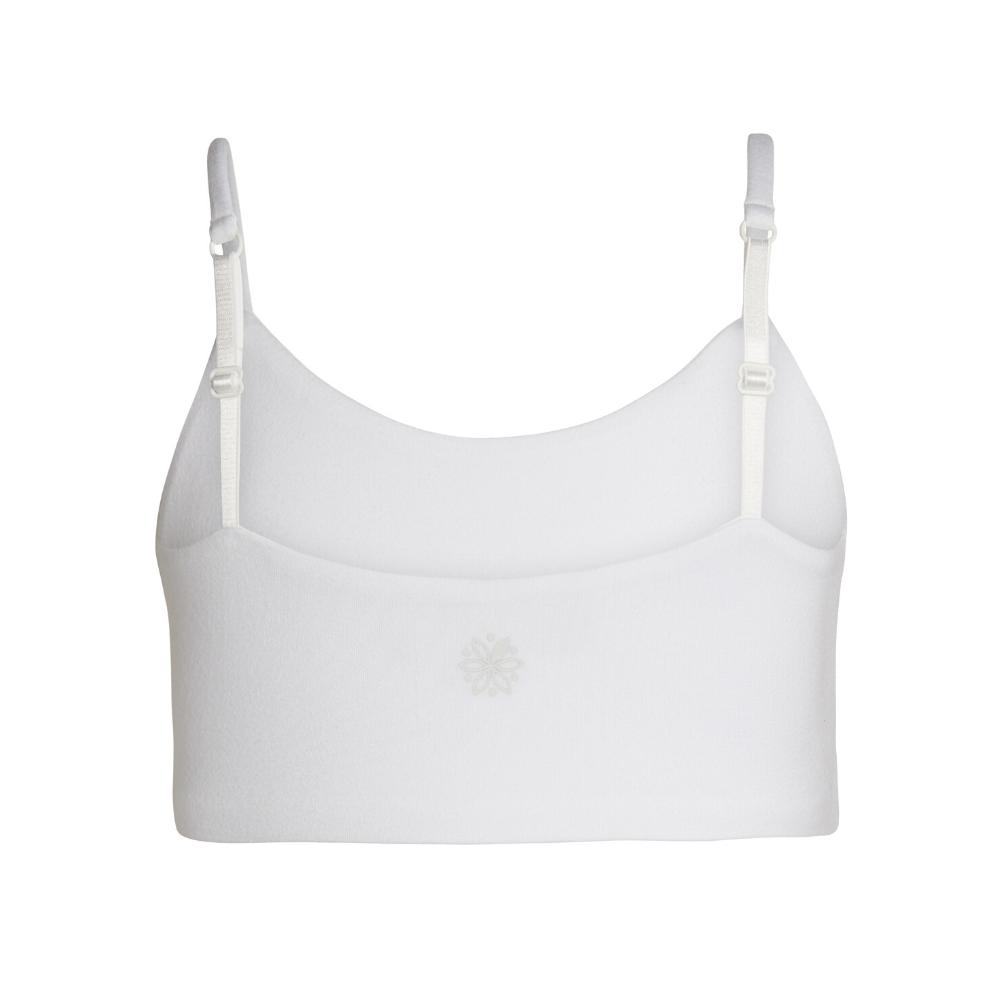 A white bra with adjustable straps, shown from the back.