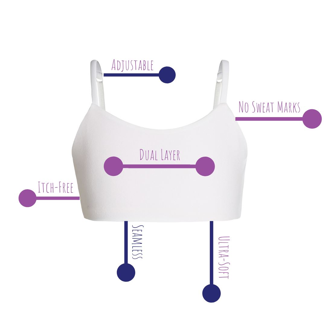 A white bra with text labels highlighting features such as adjustable straps, dual layer, and seamless design.