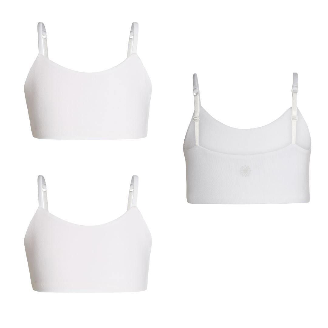 Three white bras with adjustable straps, shown from the front and back