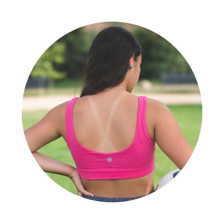 Flamingo-Slate#Back view of a young woman wearing a pink aster organic tank bra. Flamingo-Slate#Organic Bras & Bralettes For Girls, Tweens and Teens