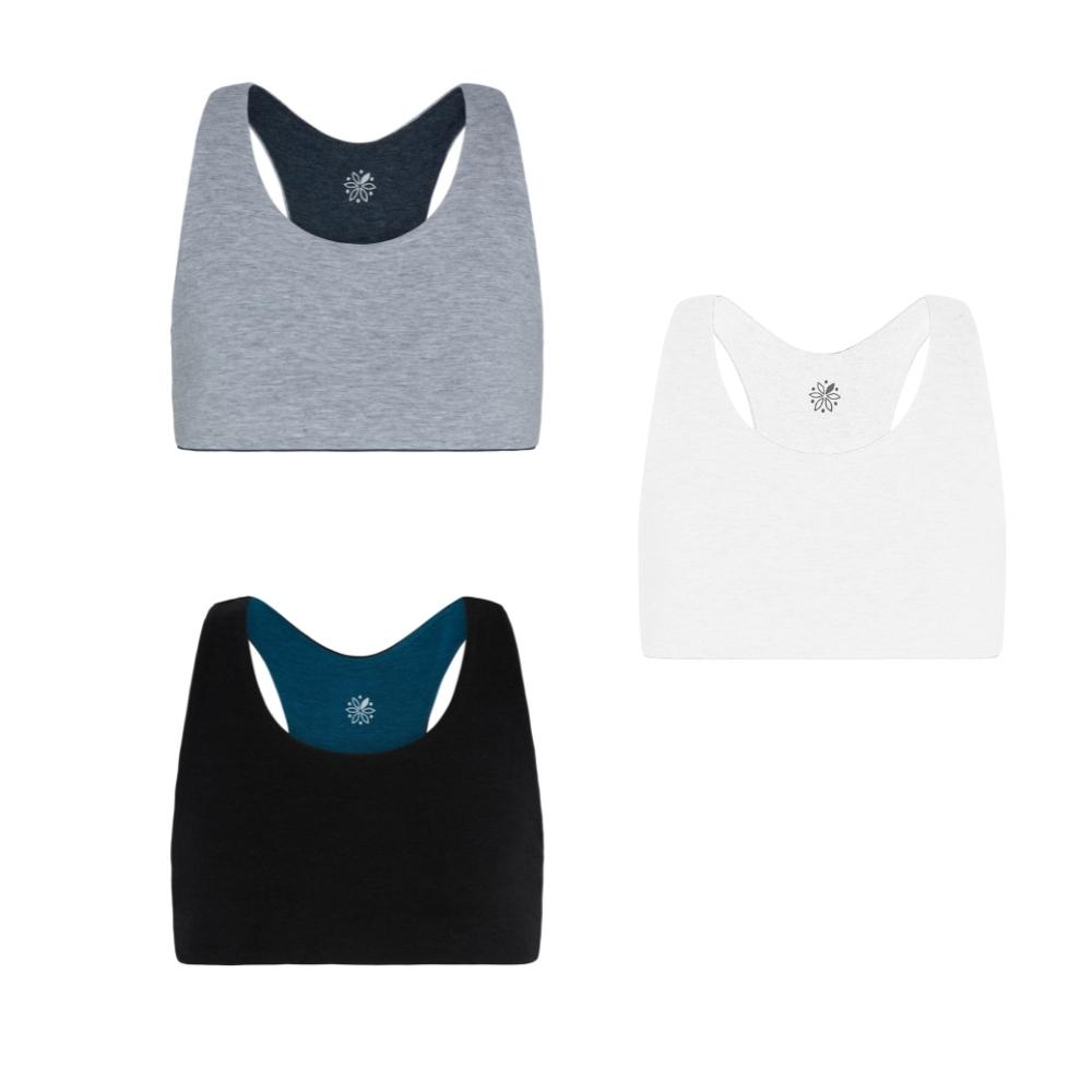 Aster Racerback Bundle#Three Aster Organic Racerback bras in different colors: grey, white, and black with teal accents, displayed side by side.