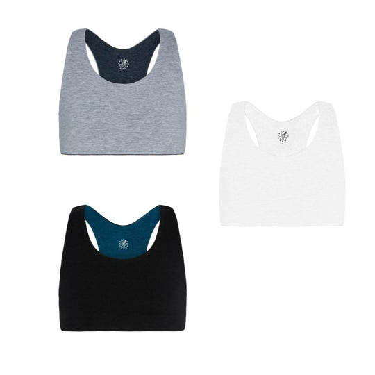 Aster Racerback Bundle#Three Aster Organic Racerback bras in different colors: grey, white, and black with teal accents, displayed side by side.