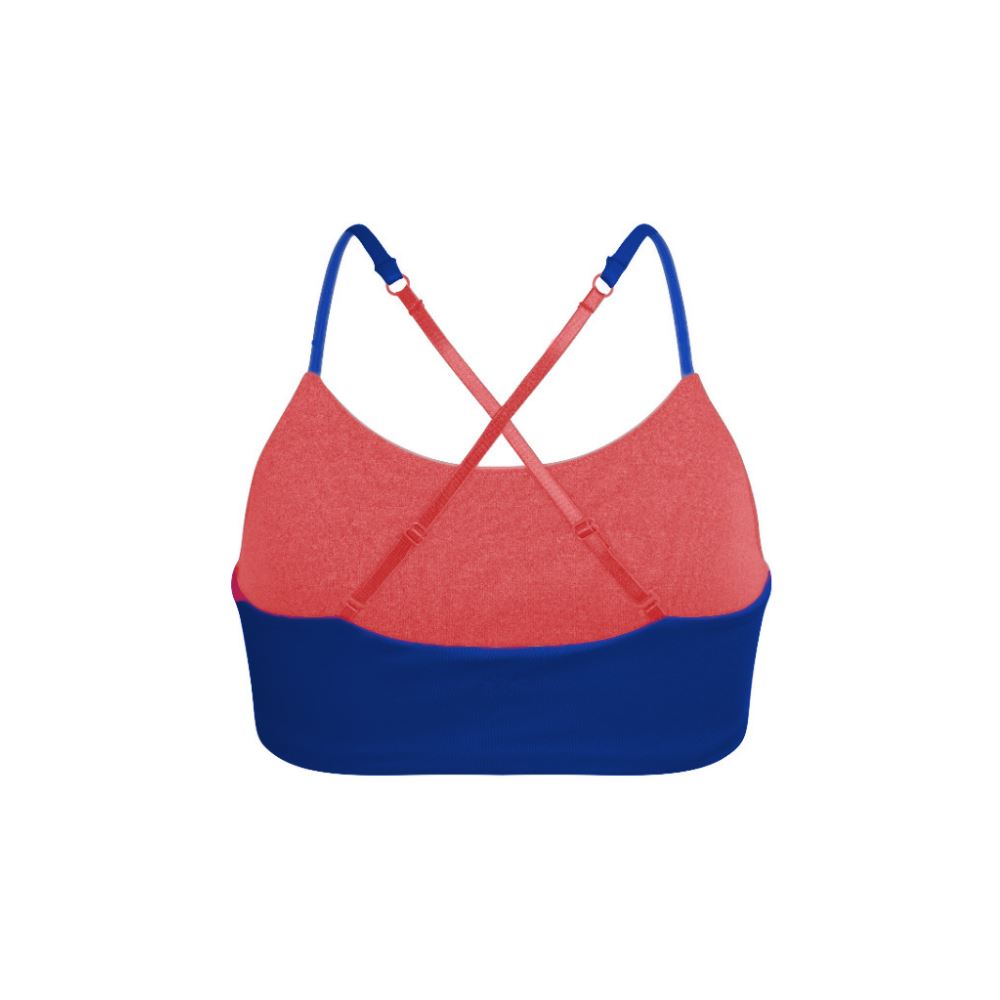 Blue-Persimmon#Back view of a blue and coral Bleum Active Bra with crisscross straps, showcasing the contrast color design. Blue-Persimmon#Sports Bras & Bralettes For Girls, Tweens and Teens