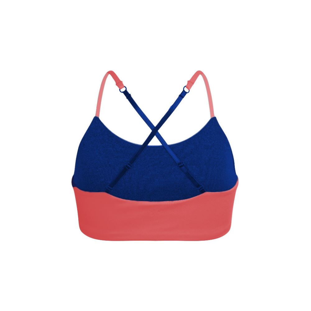 Blue-Persimmon#Back view of a blue and coral Bleum Active Bra with crisscross straps, showcasing the contrast color design. Blue-Persimmon#Sports Bras & Bralettes For Girls, Tweens and Teens