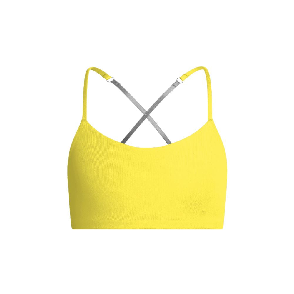 Yellow-Silver#A yellow Bleum Active Bra by Bleuet-girl shown from the front, with gray straps.